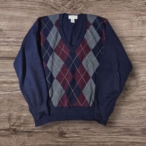 VTG/90s Tricots St Raphael 100% Pure Merino Wool Pullover M Sweater Argyle *Flaw
